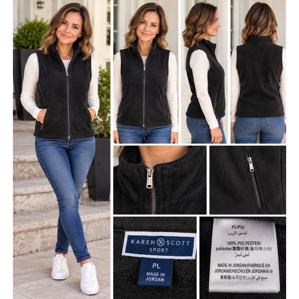 Karen Scott Sport Women's Petite Large Black Fleece Full Zip Vest Zip Pockets PL